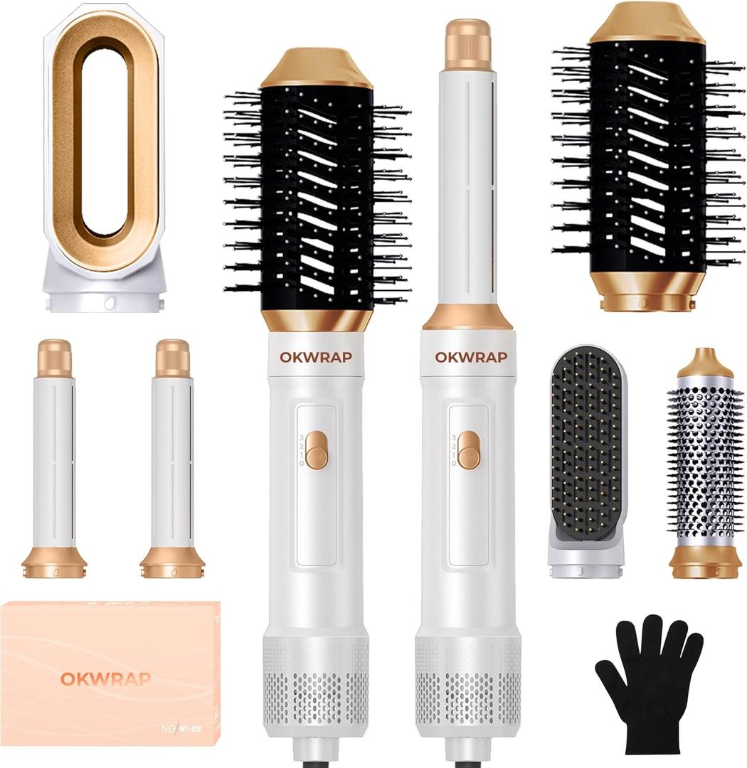 6 in ONE Blow Dryer Brush, Curling Wand Hair Styling Tools Set, Ionic Hot Air Brush Hair Dryer, Massage Oval Hair Dryer Brush, Left&Right Hair Curlers (White Gold)