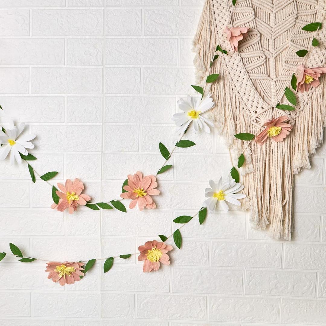 EASY JOY Crepe Paper Flowers BannerWhite Blush Pink Paper Flower Banner Spring Hanging Paper Flower Garland Paper Leaves Banner for Spring Birthday Wedding Home Decorations