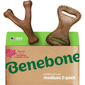 Benebone 2-pack Wishbone/Dental Durable Dog Chew Toys, Dog Toys for Aggressive Chewers, Real Bacon, Made in USA, Medium