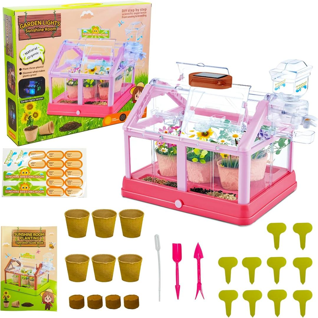 Kids Plant Growing Kit Greenhouse Growing Set Terrarium Kit Kids Science Educational DIY Plant Gardening Toy, Living Greenhouse with Solar Panel, Indoor Gardening Kit