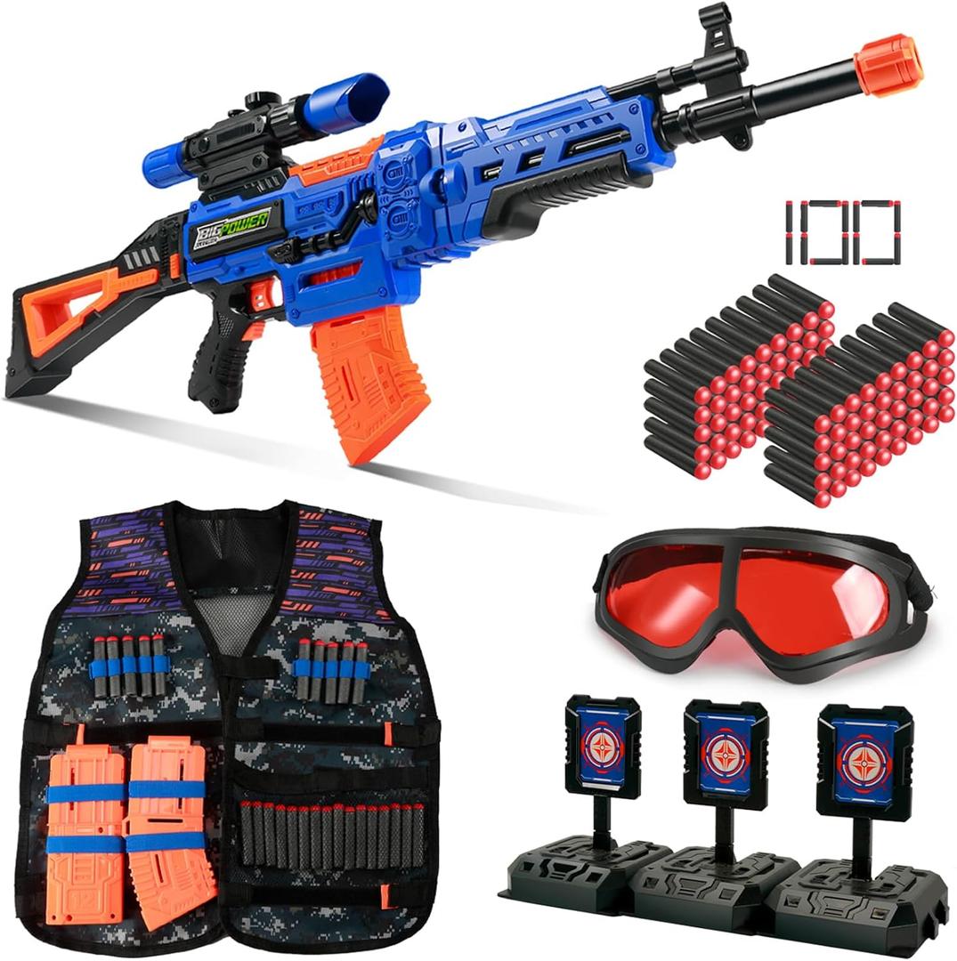 Bigpower Electric Kids Toy Sniper Rifle with Scope Tactical Vest Kit,4 in 1 Automatic Kids Sniper Rifle Toy Guns for Boys 8-12,Rifle Dart Guns Big Size,Toy Guns with Removable Magazines2 Pcs
