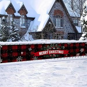 HOMETITUTE Merry Christmas Banner Red Black Plaid Holiday Snowflake 118x20 inch christmas hanging banner Rustic Porch Fence Wall Decoration outdoor christmas banner for yard Party Backdrop
