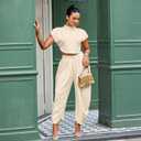 kaimimei 2 Piece Sets for Women Casual Crop Tops and Palazzo Pants (Beige, S)