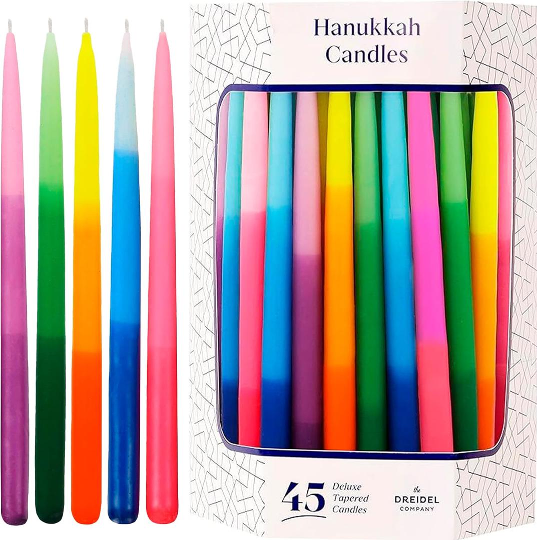 The Dreidel Company Dripless Deluxe Tapered Hanukkah Candles, Multicolored 3-Tone Pastel Decorations, 45 Menorah Candles for All 8 Nights of Chanukah 1-Hour Burn Time