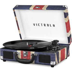 Victrola Journey Bluetooth Portable Suitcase Record Player with Built-in Speakers, 3 Speed Vinyl Record Player, RCA Out, Headphone Jack (UK Flag)