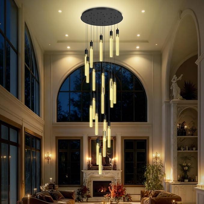 Flashing God Black 20 Lights High Ceiling Chandelier Modern Dimmable Light Fixtures Foyer Chandeliers Pendant Lighting Crystal Ceiling Chandelier Fixtures for Villa Staircase Hallway 11.5feet Long