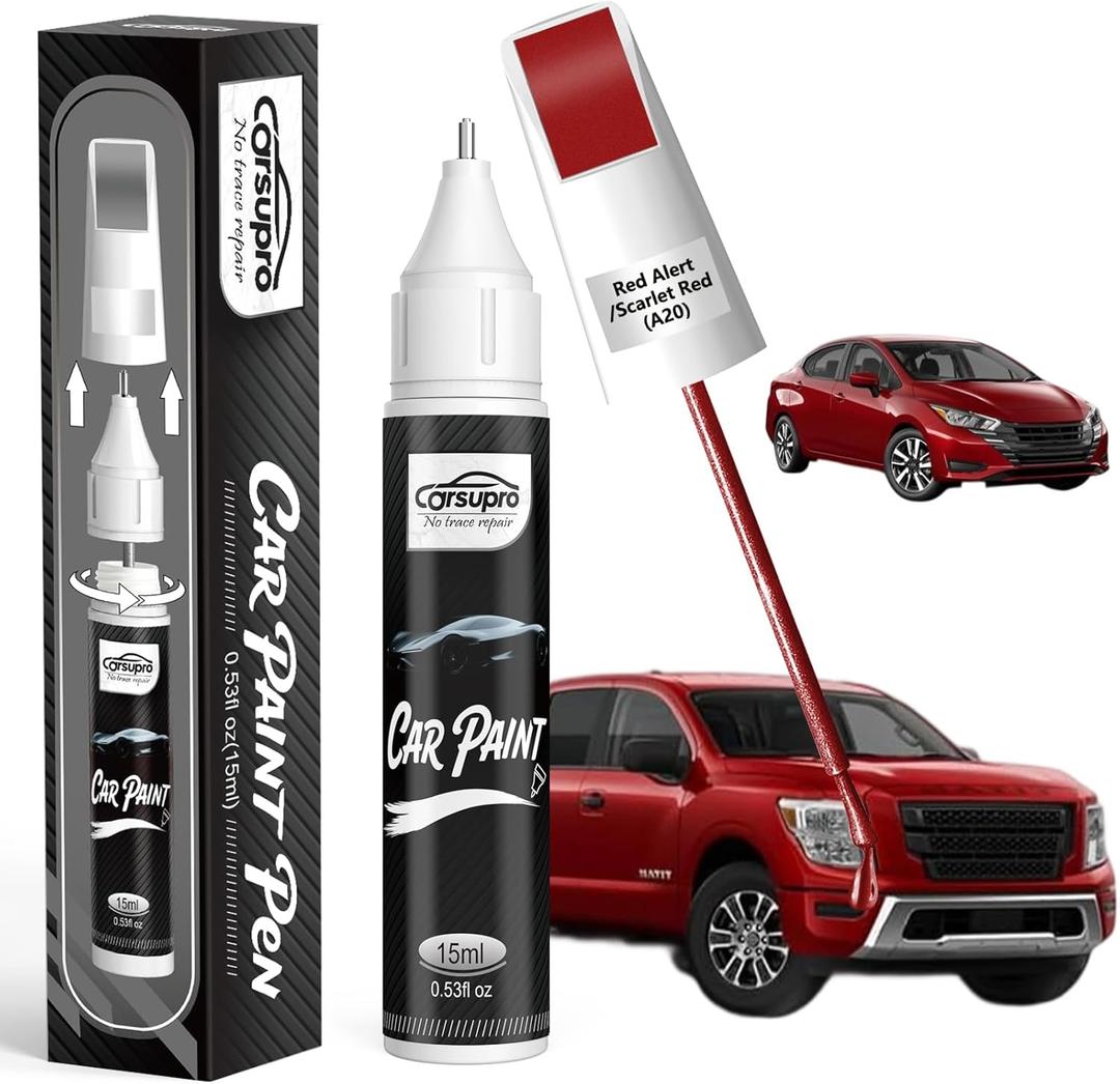 Red Alert/Scarlet Red(A20) for Nissan Touch Up Paint Pen, 2 in 1 Car Scratch Remover with Pen Tip and Brush, Precise Color Match for Car Paint Scratch Repair, Quickly and Easily Fix Chips and Nicks (EXP 08/31/28)