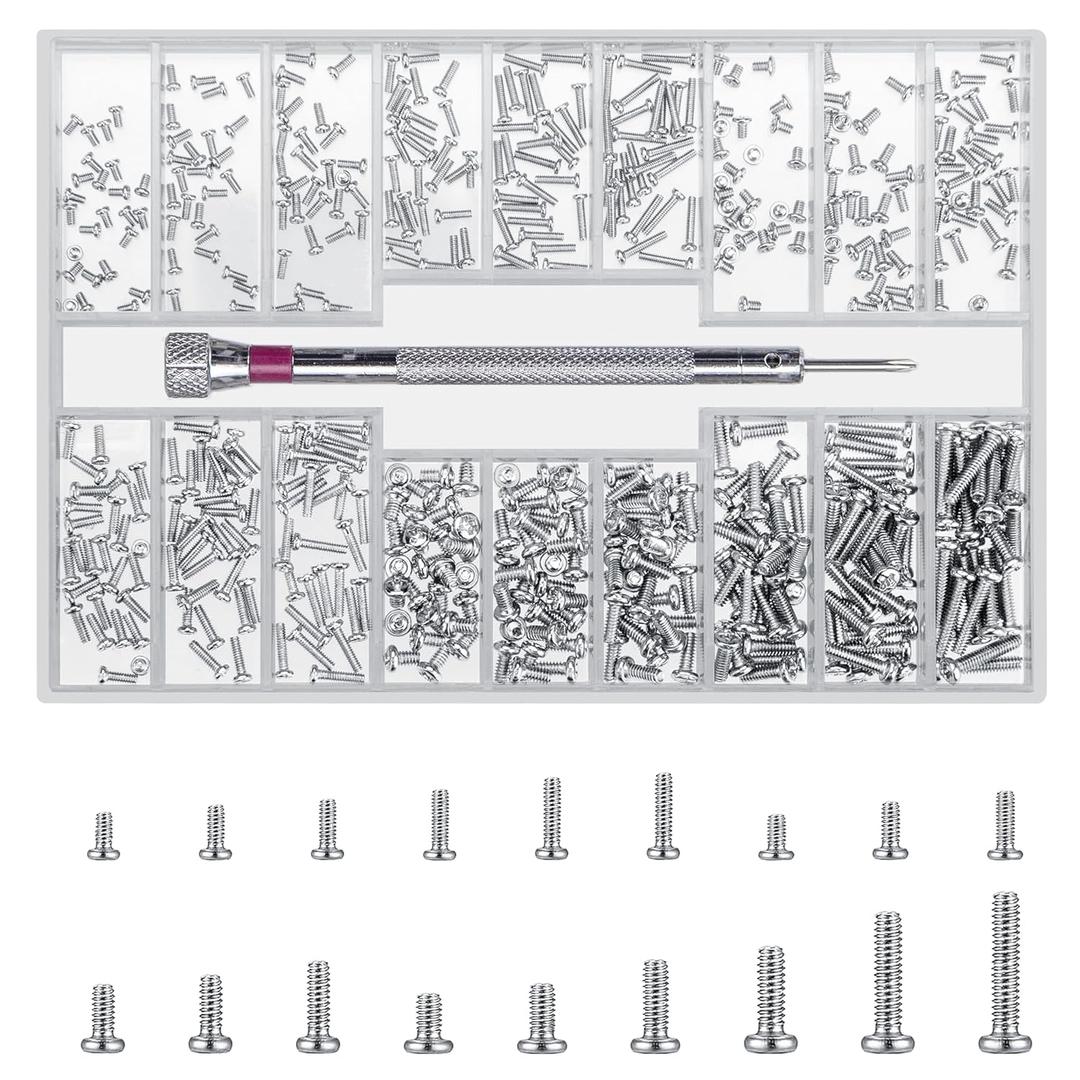 500 Pcs Laptop Screws, M1.2/M1.4/M2 Small Micro Tiny Screws for Electronics, Mini Computer Replacement Screw for Glasses Watch SSD M.2 Hard Drive Repair Screw (L) (Silver round head)