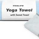 YESLIFE Non-Slip Extra Thick Hot Yoga Towel with One Sweat Towel, Microfiber Sweat Absorbent Yoga Mat Towel with Grip Dot, Pilates Mat, 72" x 24", Light Blue