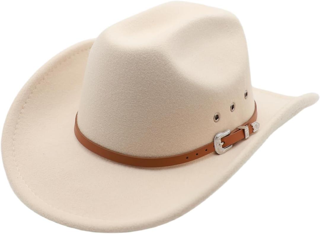 Cowboy Hat for Men Western Cowgirl Hat for Women Unisex Wide Brim Felt Fedora Hats Classic Cowboy Hats with Buckle Belt (Beige)