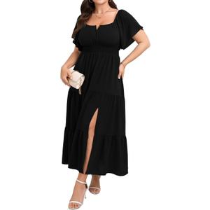SCOMCHIC Womens Plus Size Maxi Dress Formal Short Sleeve Square Neck Smocked Side Split Flowy A Line Tiered Long Dress, 2XL