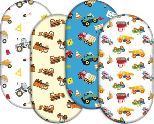 4 Pack Stretch Soft Baby Bassinet Sheet for Girls, Boys, Breathable Cozy Construction Crib Sheets Fit for Hourglass Oval Rectangle, Bedside Sleeper Bassinet Sheets