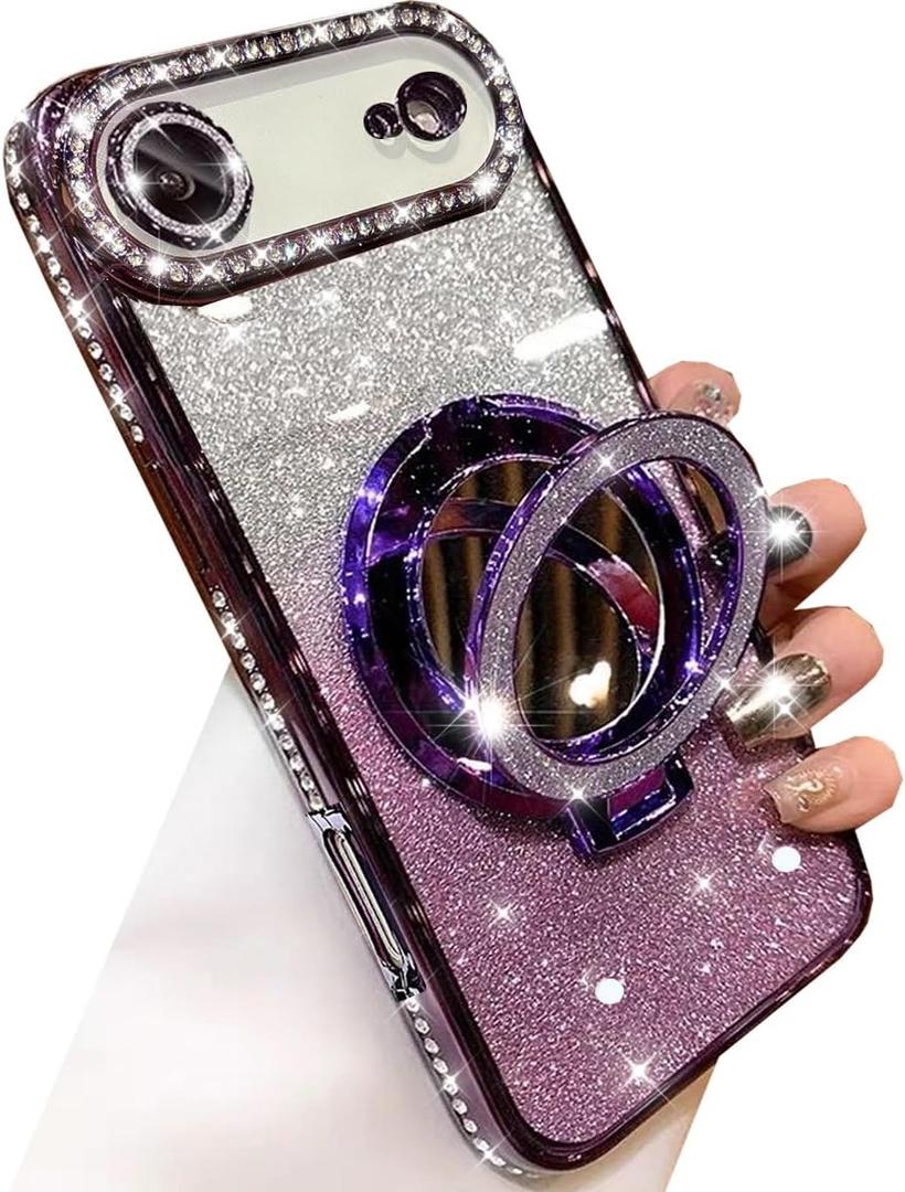 Magnetic Kickstand Glitter Case for iPhone Air,[Compatible with Magsafe] Cute Bling Sparkly Rhinestones with Camera Lens Protector Makeup Mirror Women Girls Case for iPhone 17 Air 6.5",Purple