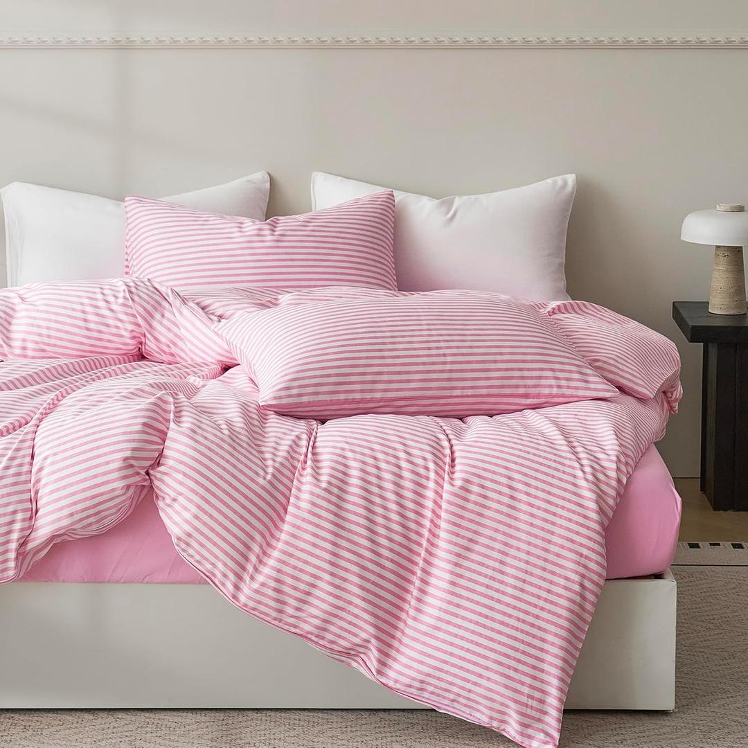 JELLYMONI Queen Duvet Cover Set, Cotton Duvet Cover 2 Pieces with Zipper Closure, 1 Duvet Cover and 2 Pillowcases(Pink with White Striped) (0808)