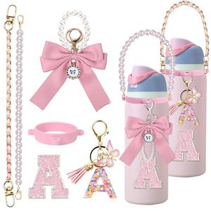 Mengayadi 6Pcs Letter Accessories for Owala Water Bottle 24oz 32oz 40oz, with Cute Initial Charm and Handle Strap, Compatible with Owala Free Sip, Kids Bottle,Stanley Cup Accessories (A, Pink)