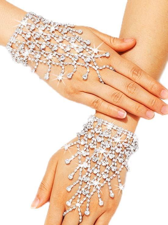 Rhinestone Fingerless Gloves Sparkling Metallic Hand Jewelry for Women (Silver)