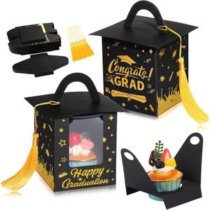 Outus 30 Pcs Graduation Cupcake Boxes Graduation Gift Box Congrats Grad Cupcake Container Candy Boxes with Window and Tassel for 2026 College High School Grad Party(Black)