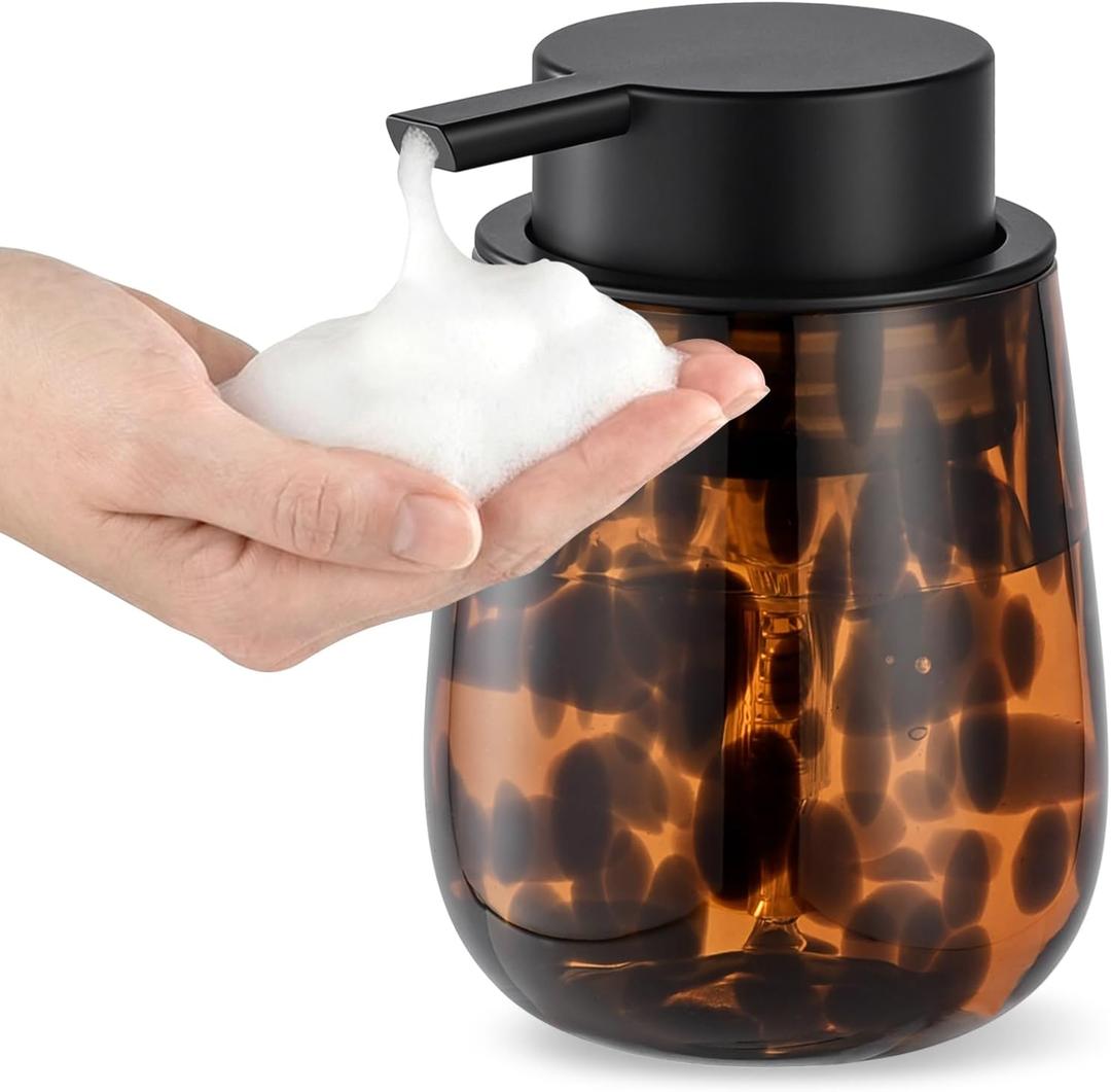 Marble Glass Foaming Hand Soap/Lotion Pump Dispenser, Refillable for Kitchen and Bathroom Countertop (Amber)