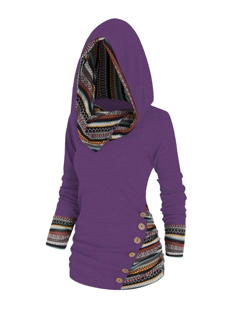 DRESSFO Women's Tribal Stripe Hooded Knit Top – Long Sleeve Pullover Sweatshirt with Mock Button Detail (Purple/2X)