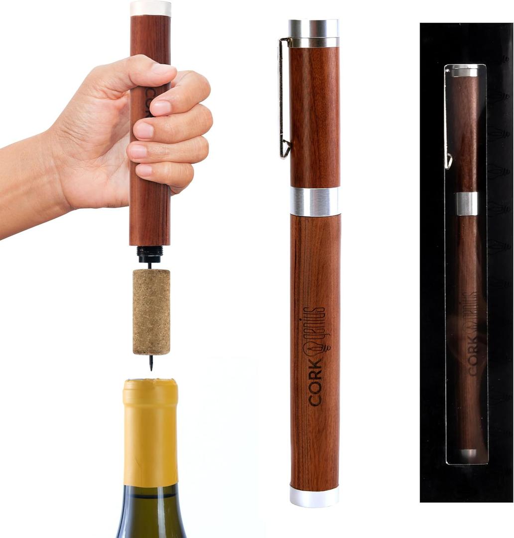 Wine Pen Pro, Wooden Finish, Air Pump Wine Bottle Opener, Manual Compact Wine Opener Using Air Pressure, Wine Accessory for Wine Lovers, Servers, or Waiters (Walnut)