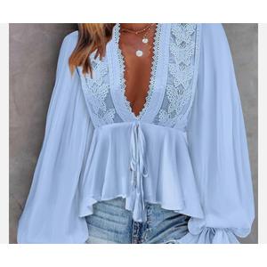 SweatyRocks Women's Lace Long Sleeve Peplum Top Tie Front Blouses V Neck Lantern Shirts, M