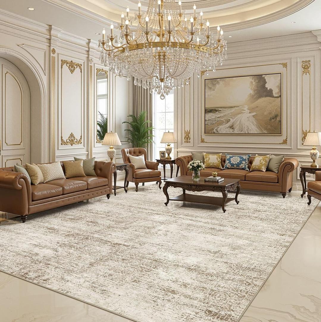 10x14 Area Rugs for Living Room: Large Washable Non Slip Brown Rug