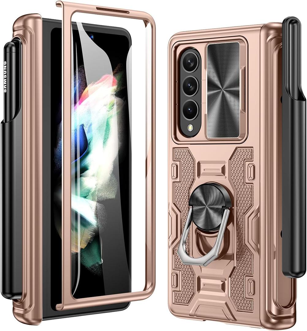 Maxdara for Z Fold 3 Case with Pen Holder and Hinge Protection, Slide Camera Cover +Tempered Glass Screen Protector + Kickstand(Rose Gold)