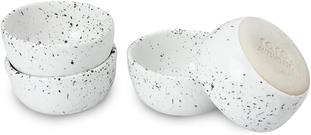 roro Exquisite Handmade Ceramic Stoneware Speckled Spotted White 3.5 in Sauce Bowls - Set of 4 - Versatile, Microwave-Safe, and Dishwasher-Safe Dinnerware