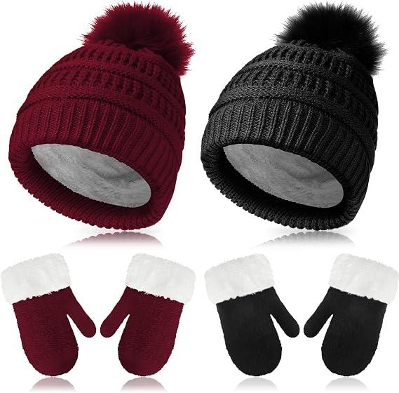 2 Sets Toddler Hats and Gloves Fleece Lined Beanie Babies Girl Toddler Beanie Boy Hat with Winter Warm Mittens Thick (Wine Red and Black,1-3 years)