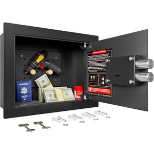 Small Hidden In Wall Safe Between 16" Studs, 0.327 cu ft Security Floor Safe with Removable Pegboard, Key Access Black Wall Safe for Jewelry, Passport, Document Storage
