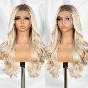 Blonde Lace Front Wig 13x4 Pre Plucked Synthetic Wig for Women Highlight 150% Density Natural Looking Body Wave with Dark Roots 22 Inch for Cosplay Daily Party Use