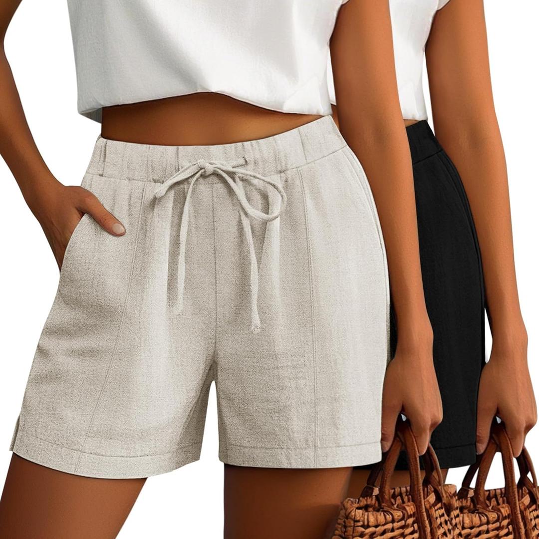 Riyiper 2 Pack Casual Linen Shorts for Women, Drawstring Elastic Waist Split Side Summer Line Comfy Lounge Short with Pocket (Large)