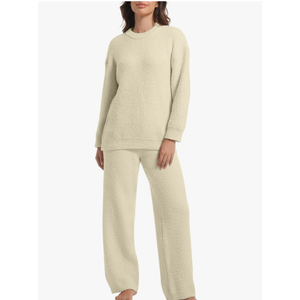 2 Piece Fleece Pajamas for Women Set Loungewear Outfits Knit Sweater Womens Long Sleeve Fuzzy Pajama Sets, White, Size M