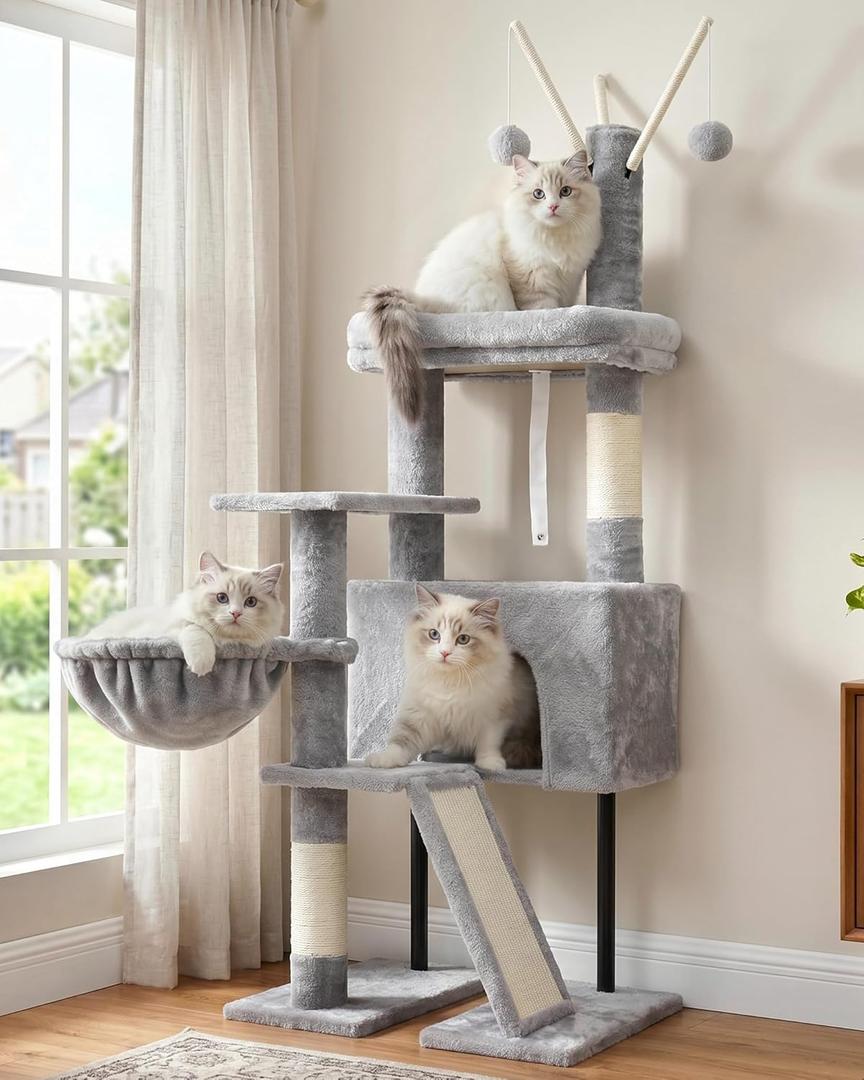 Cat Tree for Indoor Cats, Cat Tower with Scratching Post for Small Cats and Kittens, Cat House with Removable Top Platform and Fluffy Balls, Hanging Cat Basket, Light Gray GCT006SW