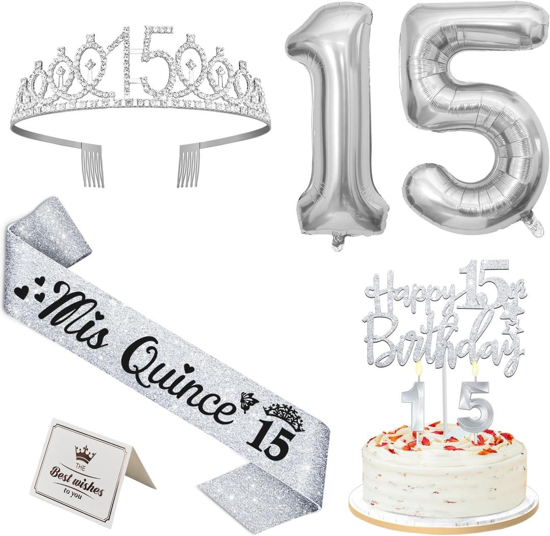 15th Birthday Decorations for Girls Silver with Mis Quince 15 Sash and Tiara, Cake Topper and Candles, Silver Number Balloons, 15 Year Old Gifts for Girls