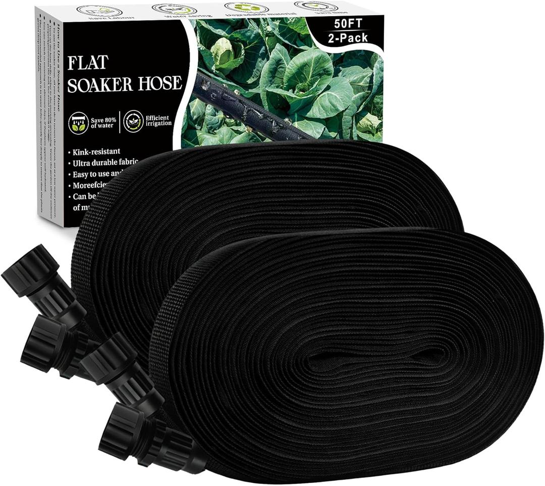 Soaker Hose 100FT, Thickened Flat Soaker Hoses For Garden 100 ft 2 pack, Drip Irrigation Hose Saves 80% Water, Leak-free Design Water Hose with Holes For Lawn, Flower Bed, Vegetable Field (50 FT x 2)
