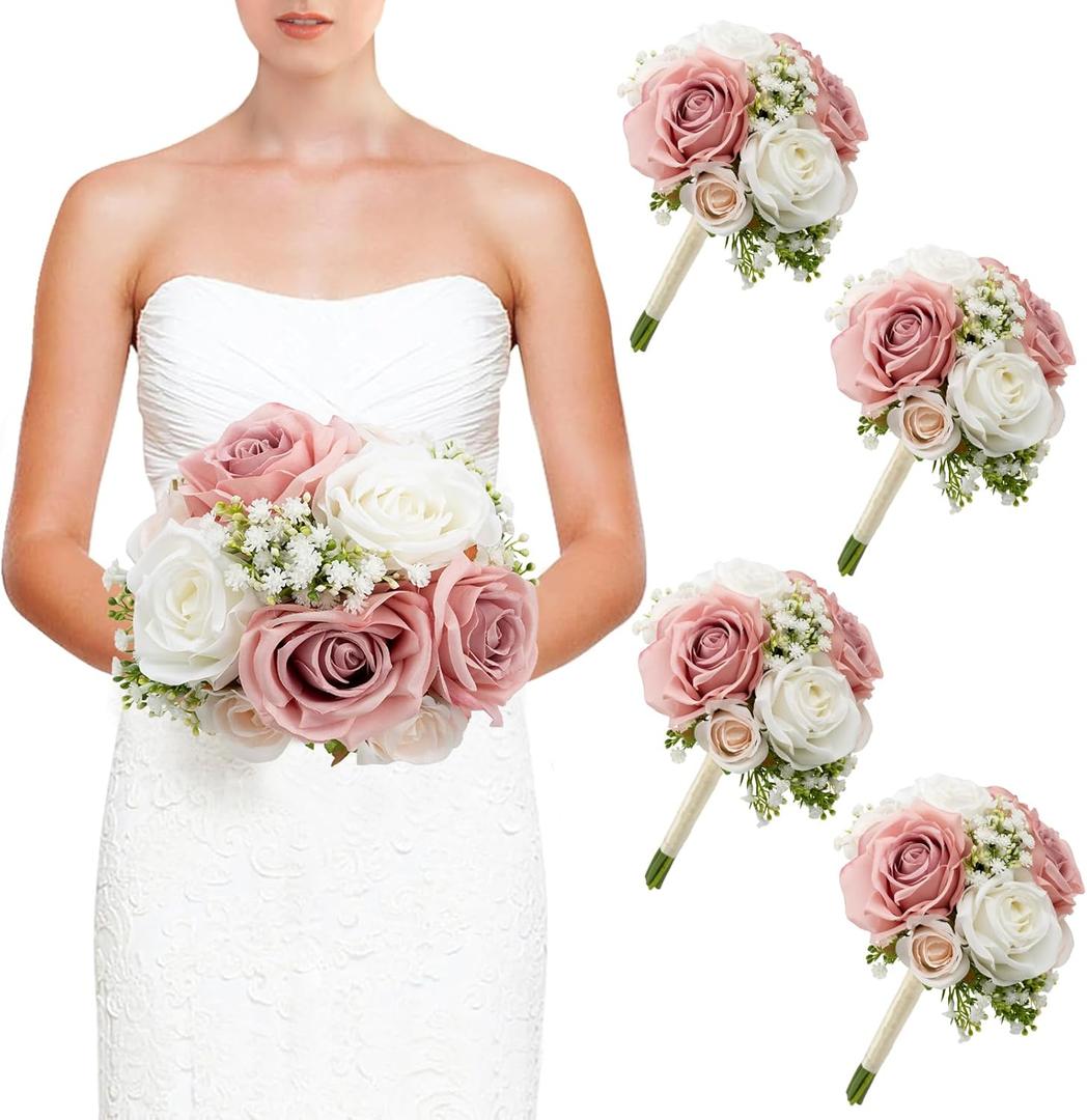 Wedding Bridesmaid Bouquets Set of 4, Artificial Silk Flowers Arrangement for Ceremony Marriage Proposal Party Anniversary Decorations - Dusty Pink & White