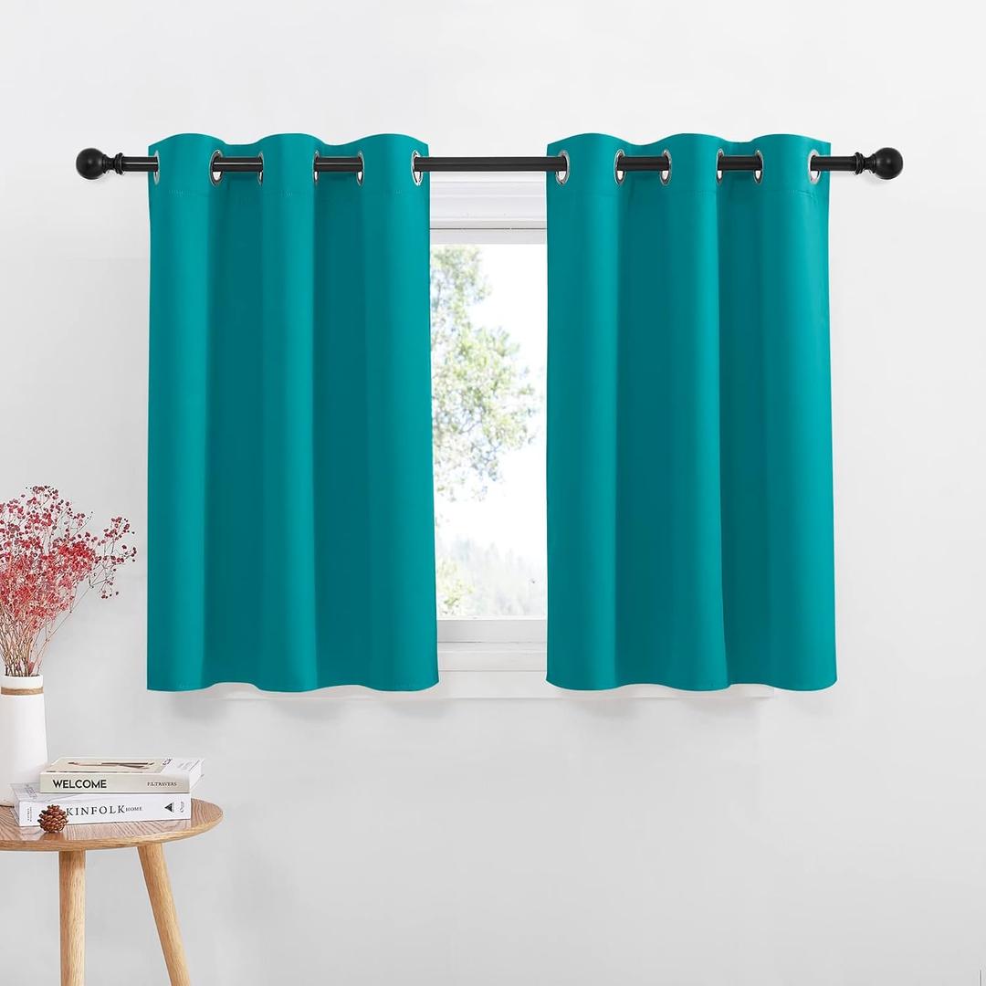 NICETOWN 42 Wide Small Curtains 36 Inches Long for Shelves RV Bathroom Kitchen Room Darkening Grommet Set 2 Panels Blackout Short Tier Curtain for Cabinet Basement, Peacock Teal