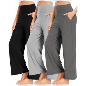 FULLSOFT 3 Pack Women's Wide Leg Yoga Pants Comfy Loose Sweatpants High Waisted Lounge Casual Pants with Pockets (Medium, Black, ebony, slate Heather)