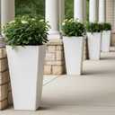 WORTH Garden Large 28 in.Tall Planters Set of 2 for Indoor and Outdoor, Heavy Duty Plastic White Modern Taper Flower Plant Pots with Drainage Hole and Dual-Purpose Tray for Front Porch, Patio