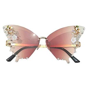 Willochra Women Butterfly Cat Eye Sunglasses - Fashion Shiny Bling Diamond Polygonal Pink Rhinestone (Brown)