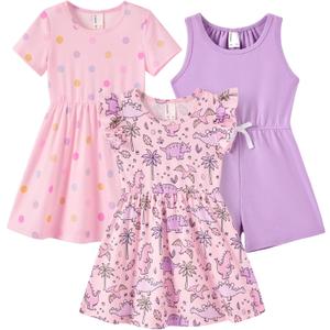 PATPAT Toddler Girl Floral Skater Multipack Dresses 2-Pack Polka Dots Short Sleeve Priness A-line Dress (4-5T, Pink Dino)