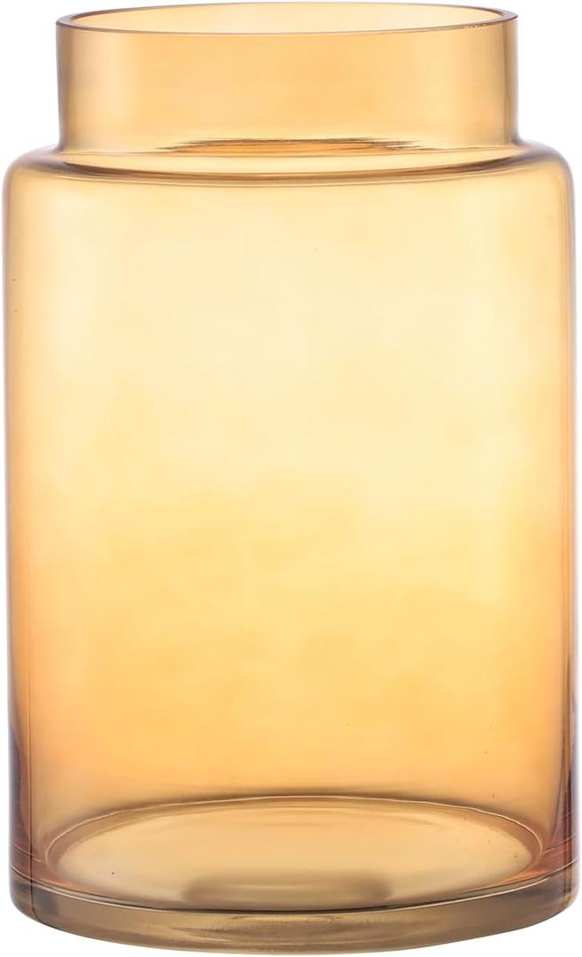 Large Glass Vase, 9 Inch Amber Glass Vase, Large Flower Vases for Bouquet, Tall Wide Mouth Vases for Flowers, Home, Wedding, Living Room, Office Decor