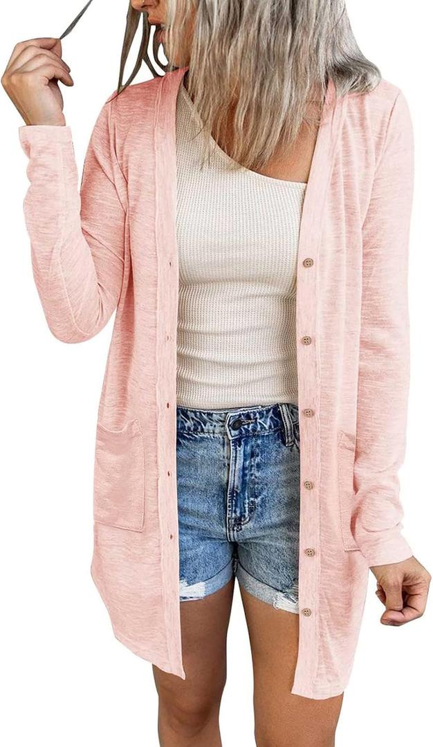 MEROKEETY Women's Lightweight Cardigan Summer Long Open Front Button Down Trendy Loose Outwear with Pockets (Pink, S)