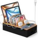 Pezin & Hulin Cable Management Box, Docking Station for Multi Devices, with 5 Ports Charge Adapter and 6 Cables, Wire Organizer for Cords, Box to Hide Cords and Storage Power Strip -Natural + Black