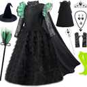 RuuYiicoco 11Pcs Witch Black Costume Dress for Girls Halloween Set with Hat Cape Boom (7-8 Years, Black)