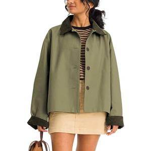 Lviefent Womens Contrast Collar Jacket Casual Button Down Long Sleeves Crop Trench Coat Outerwear with Pockets S