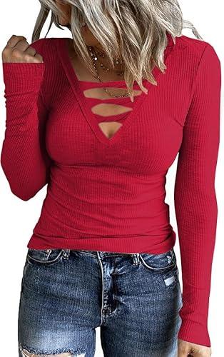 Ryaiwi Sexy Long Sleeve Shirts for Women, Ribbed Casual Tops for Women Stretchy Slim Fit Basic Criss Cross Tshirts Blouses XXL