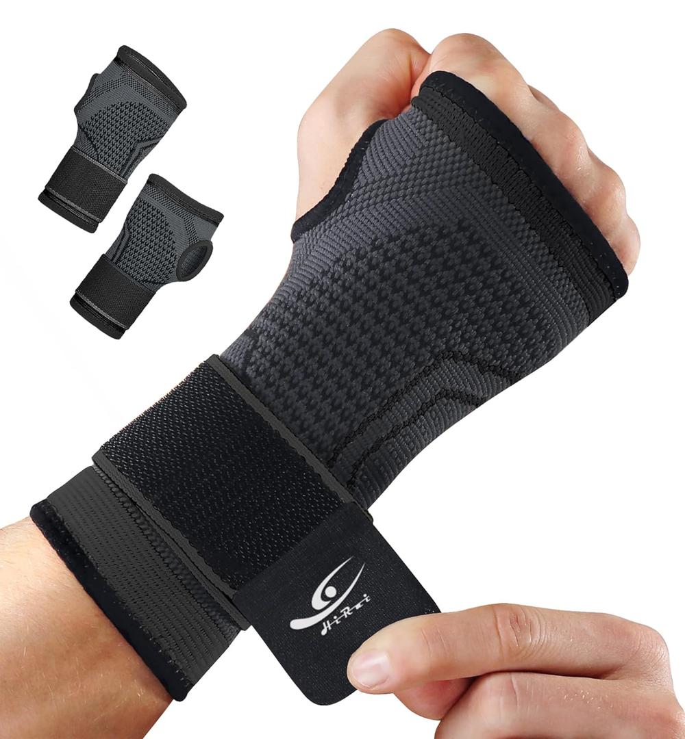 HiRui 2-Pack Wrist Brace Wrist Wraps, Hand Compression Sleeves with Wrist Straps Support for Fitness Weightlifting MTB Tendonitis Carpal Tunnel Arthritis Pain Relief (Black, Medium) (Medium (Pack of 2))