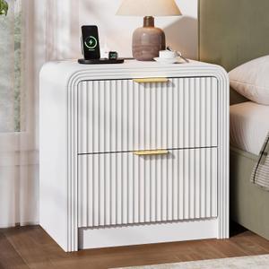 Decofy 23'' Wide Fluted Nightstand with Charging Station, White